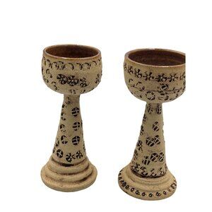 Merrill Etched Pottery Set 2 Estate Stemmed Chalices Goblets Candleholders EUC